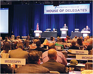 Attendees of the AOA’s House of Delegates gathered to hear AOA executive director Jon Hymes speak. Photo courtesy of the AOA