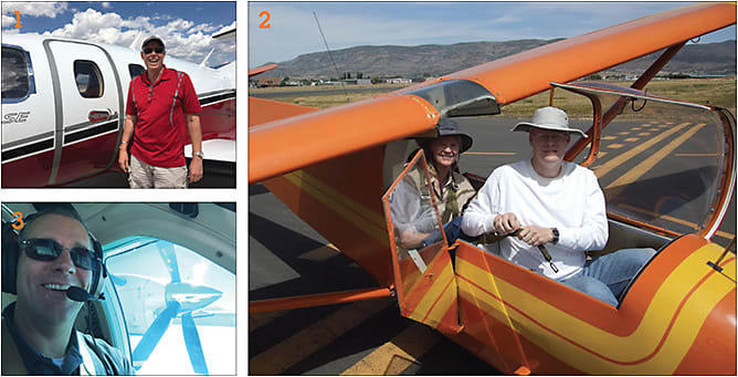 1: Dr. Devries with one of his two planes.
2: Dr. Ackerson taking his mom for a flight on a training glider.
3: Dr. Kislan at the controls of his Mitsubishi MU-2 twin engine turbopop.