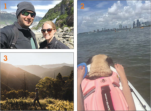 1: Dr. LeGrand on a hike with her husband.
2: Dr. Schaeffer’s pug, Annabelle.
3: Dr. Ronan exploring just outside Yosemite National Park.
