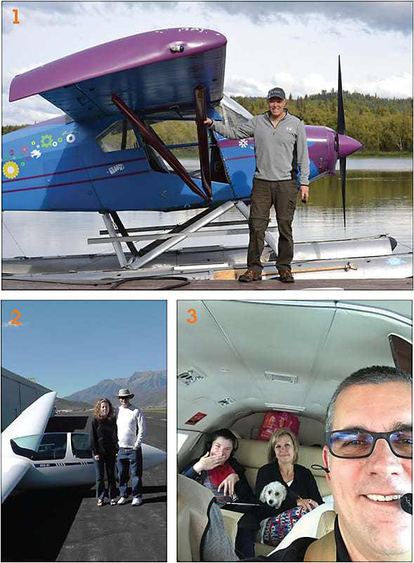 1: Dr. Devries with his other “trippy” plane.
2: Dr. Ackerson and his wife Heather, on her first flight.
3: Dr. Kislan with son, wife and dog on their way to Disney World.