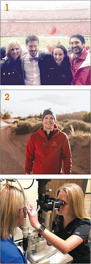 1: Dr. Schaeffer, brother, Mark, and their significant others. 
2: Dr. Ronan explores the trails in Moab, Utah.
3: Dr. LeGrand examines a patient.
