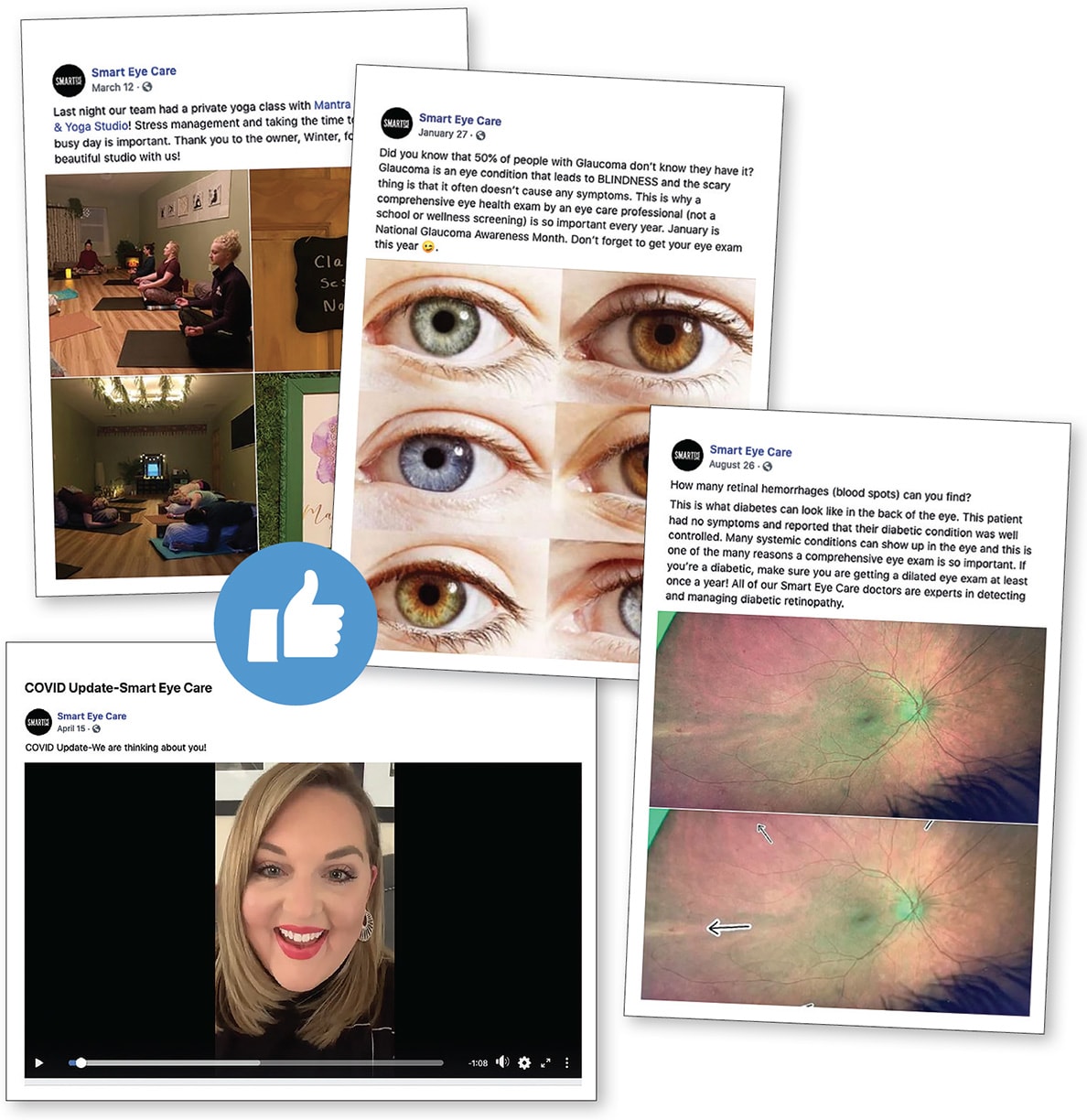 These posts, from Smart Eye Care’s Facebook page, demonstrate social media content, specifically educational, video and partnership posts, as mentioned in the article.