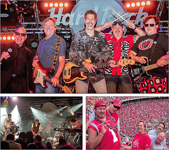 1: Bad Habits: Eye Docs of Rock performing at the Hard Rock Cafe; 2: Jamming out; 3: Taking a break to check out an Ohio State game.
PHOTOS: (1, 2) Julie Bergonz Photography, (3) Kelly Raies