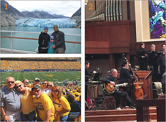 1: The Tira family seeing a glacier. 2: Dr. Peters playing the guitar at church. 3: The Peters family at a West Virginia University game.