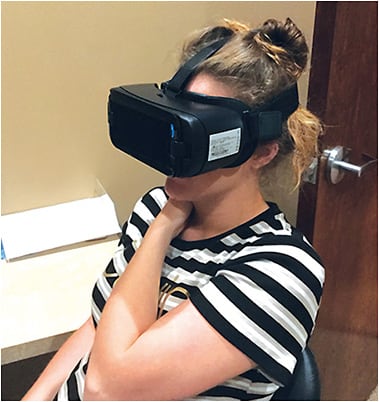 A patient uses a portable visual field testing device at Dr. Bynum’s practice.Photo courtesy of Dr. Frances Bynum.