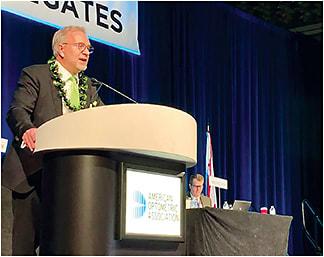 Newly inducted AOA president Ronald L. Benner, OD, speaks to attendees at Optometry’s Meeting.Photo courtesy of the AOA