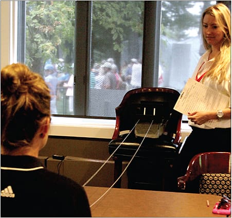 Dr. Nanasy tests depth perception on the Howard Dolman device at the LPGA tournament.
Courtesy of Jayson Teig/High Performance Vision Associates