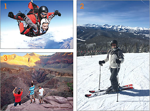 1: Dr. Schwartz skydiving.
2: Dr. Prpic skiing the Rocky Mountains.
3: Dr. Merritt and buddies at the Grand Canyon.