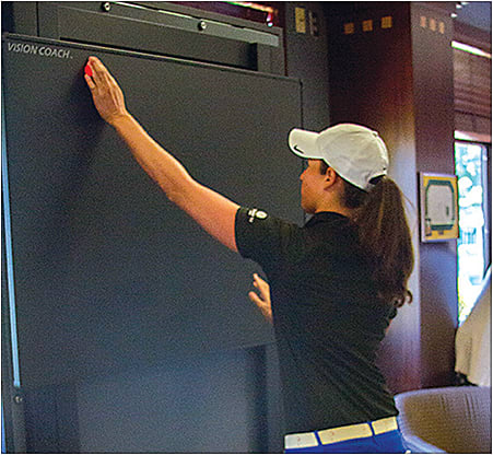 LPGA golfer whose reaction time is being assessed on VISION Coach Interactive Light Board.
Courtesy of Jayson Teig/High Performance Vision Associates