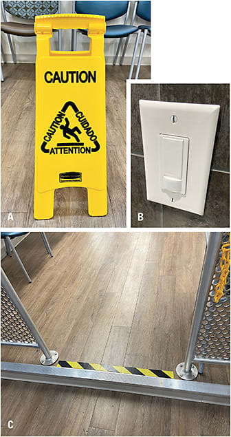 A. A yellow caution sign, B. toggle-type light switches, and C. caution tape.