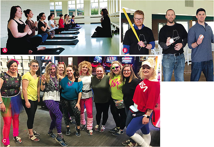 Pre-COVID-19 Events: (A) private yoga class; (B) group fitness event, from left, Dr. James Brewer, Nick McNally, Dr. Nick Holden; (C) and a group staff photo from ’80’s-themed bowling night. All photos courtesy of Dr. Jessilin Quint