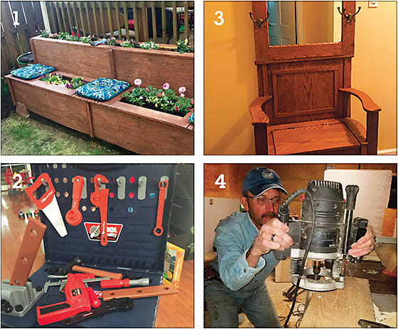 1: Dr. Coleman’s flower box. 2: Dr. Coleman’s toy tool set. 3: Dr. McGahen’s creation.  4: Dr. McGahen in his workshop.
Photos Courtesy of: (1,2) Justin Coleman, O.D.; (3,4) Joel McGahen, O.D.