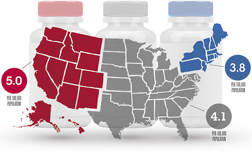 The Rocky Mountains and Pacific coastal regions have the highest rates of prescription pain reliever misuse, according to the latest data.
Source: Substance Abuse and Mental Health Services Administration. foxysgraphic/Viacheslav Negovskiy/stock.adobe.com