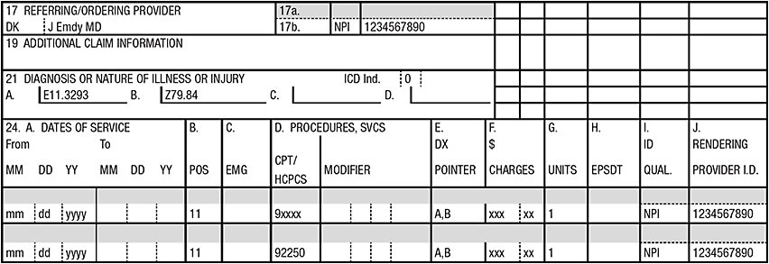 Figure 1. Diabetes with retinopathy claim. Note: For dates of service before October 1, 2016, the code would be E11.329 without the additional seventh character. Some payers may require the Z code for oral hypoglycemics, while others do not.