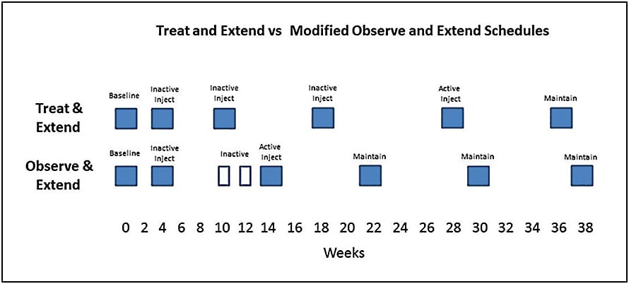Figure 1. Clinic visits without injections (unshaded rectangles) and injection visits (shaded squares) for a patient treated with either the treat and extend or modified observe and extend (O&amp;E) regimen. The schematic assumes that the macula becomes dry after the first injection, the extension interval is 2 weeks, and macular leakage reappears after an interval of 8 weeks. The figure shows that a patient treated by O&amp;E requires 2 extra clinic visits early in the course in exchange for delaying injections by 2 weeks.