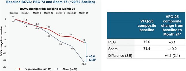 Figure 2. Post hoc analysis from the pegcetacoplan phase 3 studies showing slower loss of mean best corrected visual acuity and better quality of life measurements in patients with geographic atrophy lesions >250 μm from the foveal center.