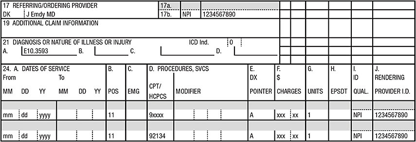 Figure 3. Claim for OCTA and SCODI-P of the retina for diabetic retinopathy. Note: ICD-10 codes before and after October 1, 2016 dates of service differ because laterality was not part of diabetic codes until after October 1, 2016. Additionally, because type I diabetics (E10.- codes) are assumed to be on insulin by definition, the Z79.4 code for insulin is not used.