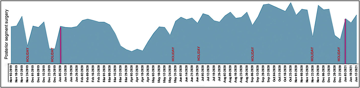 Figure 1. Graph of posterior Stellaris Elite (Bausch + Lomb) procedures from November 2019 through January 2021 highlighting a marked reduction during the initial phase of the COVID-19 pandemic, but a return to, and increase in, prepandemic surgical volume.