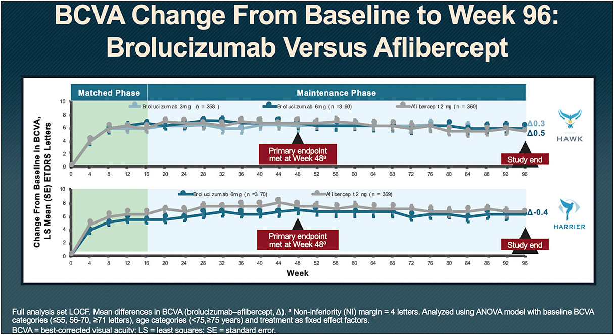 Figure 2. Best-corrected visual acuity (BCVA) outcomes in the HAWK and HARRIER studies comparing brolucizumab to aflibercept.9,10