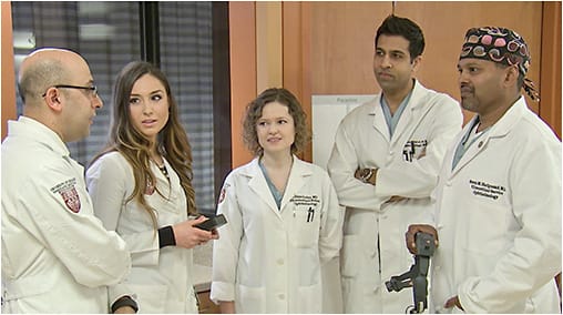 Dr. Hariprasad (r) prioritizes training the next generation. He is seen here rounding on an inpatient with two residents and two surgical retina fellows. Left to right: Asadolah Movahedan, MD; Nicole Bajic, MD; Lilya Golas, MD; Raj Patel, MD.