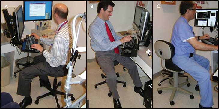 Figure 1. Image A depicts neck twisting, a keyboard that is too high, a seat that is too high for the knees, and undue pressure on the hips and lower back. Image B depicts slouching, a keyboard that is too high, a console that is too low for legs to fit under, and undue pressure on the hips and lower back. Image C depicts a seat that is too high to reach the keyboard tray, no back support, a keyboard that is too high, and undue pressure on the hips and lower back. 
REPRINTED WITH PERMISSION FROM THE AMERICAN ACADEMY OF OPHTHALMOLOGY.