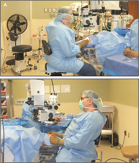 Figure 2. Typical vitreoretinal surgeon posture at the microscope. Note the neck craned forward to reach the microscope oculars and the complete absence of lumbar support (A). Typical vitreoretinal surgeon posture when operating using NGENUITY. Note straight back, straight neck, and lumbar support (B).