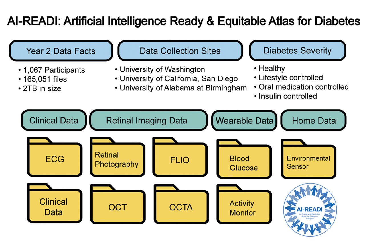 <p><strong>Figure 1. </strong>The AI-READI project aims to create and share a flagship dataset focused on type 2 diabetes. The data is optimized for future artificial intelligence and machine learning analyses that may provide critical insights into diabetes care. The figure shows the data elements included in the Year 2 release. <em>Image courtesy Nayoon Gim, BS.</em></p>
