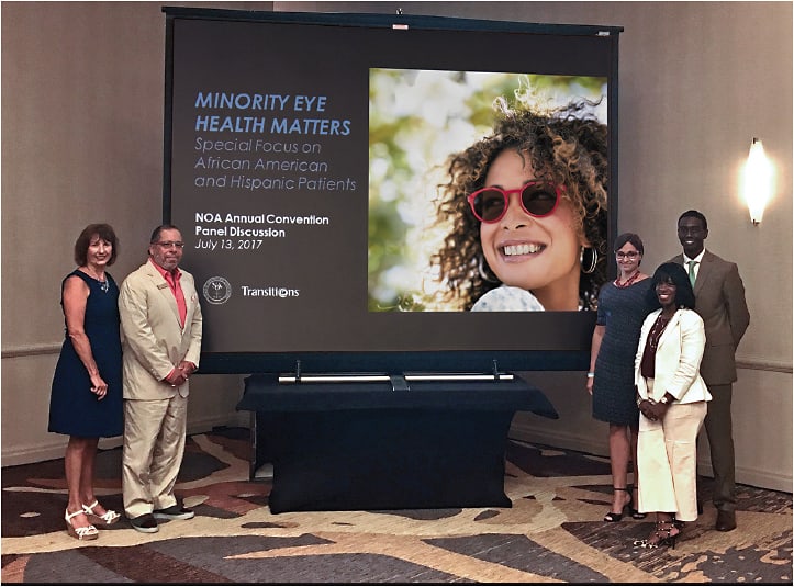 From left: Charlotte Parniawski, Edwin Marshall, O.D., Mila Ferrer, Sherrol Reynolds, O.D., and Fayiz Mahgoub at Transitions Optical‘s Minority Eye Health Matters panel