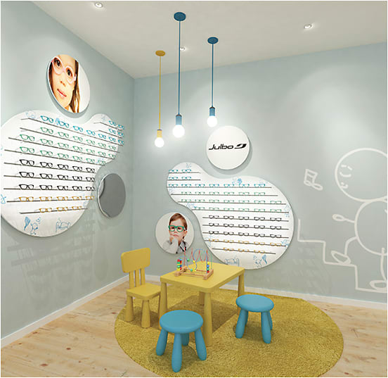 A purely fun, clean, and appealing kids’ corner, shown here from an artist’s rendering from the visual merchandising and store design firm Presenta Nova.