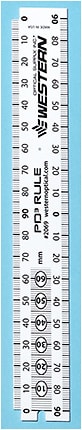 4 “A PD RULER is used to measure the circumference of a frame and the client/patient’s optical center or segment height. A PD ruler to an optician is what a tape measure is to a tailor or carpenter.”
Pictured: Western Optical’s PD3 Multi-Rule