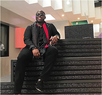 Tarrence Lackran in Jacques Marie Mage x Hopper Goods sunglass style Taos. Lackran’s eyewear collection consists of more than three dozen pieces, all from independent vendors.
PHOTO COURTESY GABY QUEZADA