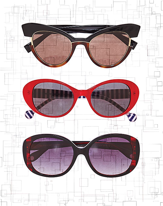 retro glam (From top) 
Max Mara style MM Ingrid from Safilo features a bold cat-eye shape and lateral slits between two separate acetate inserts to reveal a metal core. Shown here in black/Havana with a light gold core and brown lenses. 
Jonathan Adler style Palm Beach in red from De Rigo REM offers a nautical look with custom-made digital print on the inside temples. 
Fysh UK model F-2016 in black crimson from WestGroupe shines with linear color blocking on the frame front.