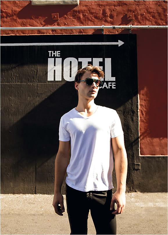 DISCOVERED 
CALVIN KLEIN style CK4350S from Marchon is an ultra-cool aviator-inspired sunglass in acetate, featuring two-tone lenses and a high keyhole nose bridge. 
Shot at The Hotel Cafe in Hollywood, a live music venue that has helped launch the careers of singer-songwriters such as John Mayer and Adele. hotelcafe.com