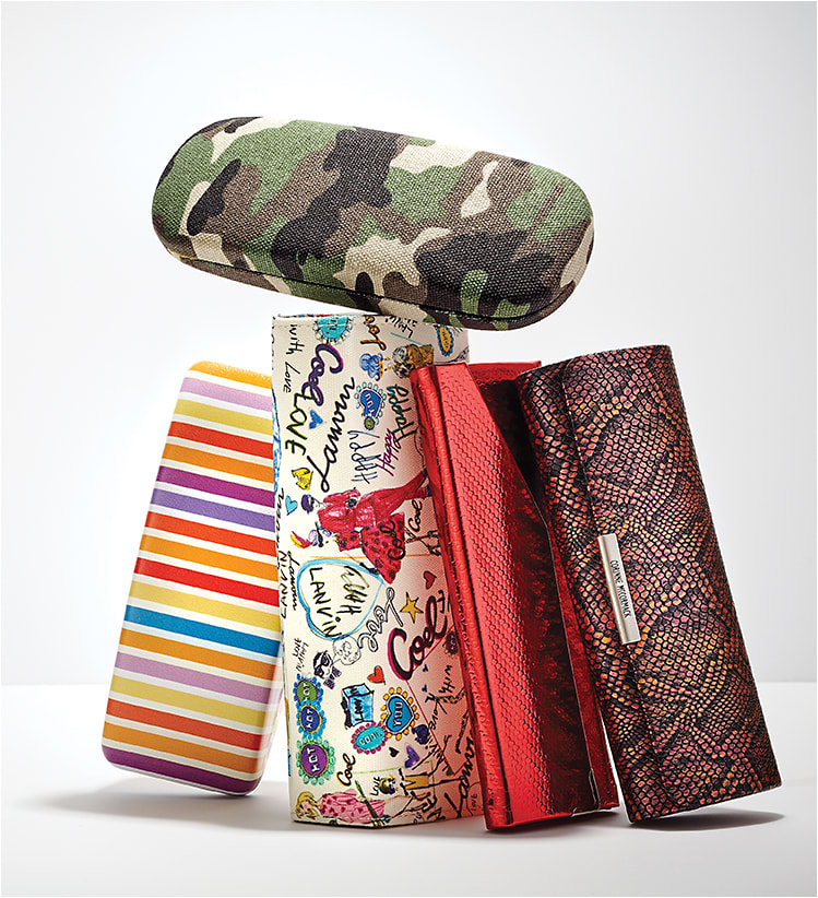 CASE CLOSED (Clockwise from top): 
Camouflage style CS114 from Modern Optical is a deluxe clamshell case with the print du jour. 
Corinne McCormack’s snakeskin-patterned case from FGX International features magnetic closure.
Shiny red case from Hilco’s Kansas Collection folds flat when not in use and into a triangle shape to hold eyewear. 
Lanvin soft case from De Rigo REM offers a fun, colorful sketch. 
CalOptix striped case in faux leather is part of the colorful Havana Clamshell assortment.