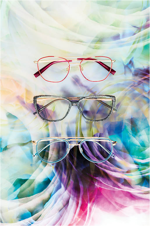 ELEVATED ENERGY.
(from top)
The Esprit ET33406 from Charmant features fine metal wire structured into a slightly angular silhouette with a fashion-forward double bridge.
Etnia Barcelona model Praia adds a chic touch of sparkle on the Mazzucchelli acetate frame front and temple tips.
Style 19-10 from Kenmark Eyewear’s new Paradigm collection offers acetate rims enclosed by a thin metal frame for a chic visual contrast.