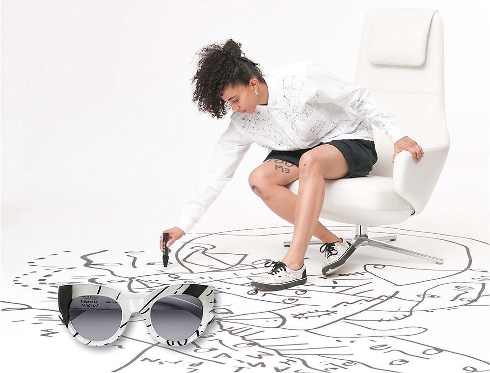 Shantell Martin lining up; the Max Mara Prism in Motion sunglass (bottom).
Learn more at shantellmartin.art
Main Photo: Courtesy of Vitra