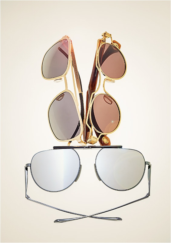 METAL, REIMAGINED 
(clockwise from top left): 
Ørgreen Optics style Street Hassle 3P in sandblasted titanium pays homage to New York urban angst. 
Blake Kuwahara style Gwathmey displays a front cut from a single sheet of stainless steel. 
CALVIN KLEIN style CK8055S from Marchon folds flat for sleek appeal.