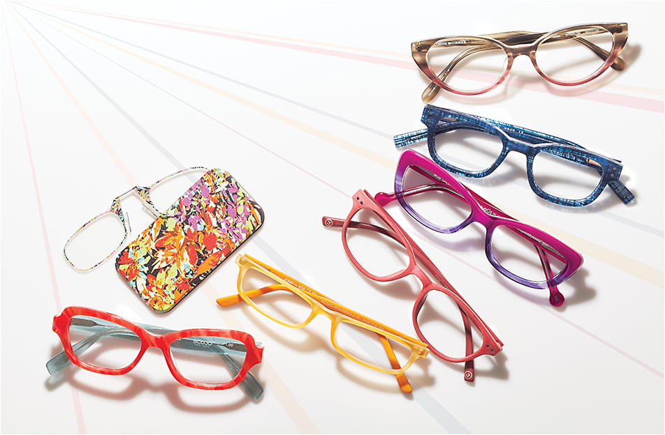 Reader Ready
(clockwise from top right):
Corinne McCormack style Diana from FGX International. eyebobs style Butch. eyeOs style Mon Cheri. Leader style EURO from Hilco. Allo style G’Day from CalOptix. Scojo New York style Roxbury Street from Ogi Eyewear. ThinOPTICS universal pod case + glasses style Leaves &amp; Boughs.