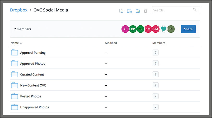 Oakland Vision Center’s social media action folders on Dropbox