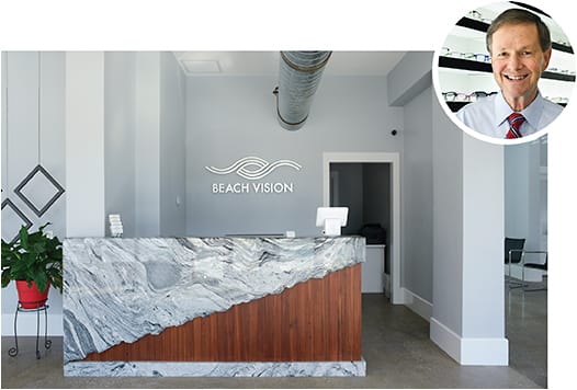 Charles D. Register, O.D., (inset) and Beach Vision’s one-of-a-kind stone front desk