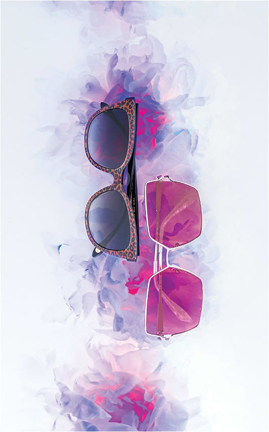 THE BOLD + THE BEAUTIFUL.
(from left)
The Fysh F-2038 from WestGroupe roars in iridescent acetate with a purple leopard print.
Alexander McQueen style AM0219SA from Kering reflects the fashion house’s modern appeal with an edgy, oversized silhouette.