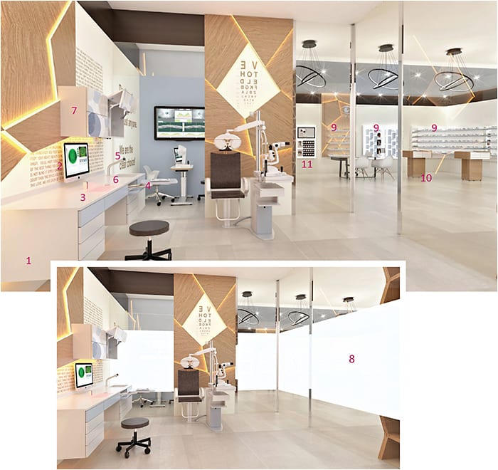 The future is very high-tech, as prescribed by One Interior. Note the open testing area that can be turned  private by extending panels