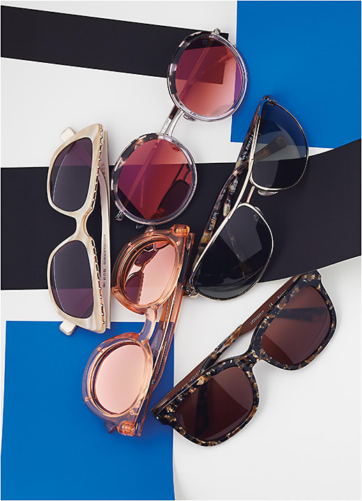 COLOR FORCE (clockwise from top)
Etnia Barcelona style Beverly Hills is a bold round featuring Mazzucchelli acetate and photochromic lenses.
Wiley X style WX Klein meets ANSI-Z87.1 High Velocity and High Mass Impact Safety standards, offering form and function in an oval silhouette.
Kay Unger style K620 from Nouveau Eyewear features a marbled front and temple tips, delivered with an on-trend chunky shape.
Diesel style DL0251 from Marcolin is a classic pantos unisex silhouette modernized with flash mirror lenses, a keyhole bridge, and a shiny “clip-back” on the inner part of the sunglass.
Seraphin style Augusta Sun from Ogi Eyewear is a feline-inspired style featuring a studded swooping brow.