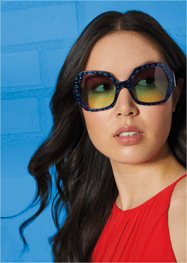 Blue Note
The MCM 679S from Marchon Eyewear is an oversized hexagonal acetate sunglass emboldened with blue iridescent MCM logos.