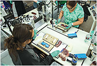The lens building process for a thermal snow goggle in the Clearfield, UT factory.
PHOTO: JAY DASH