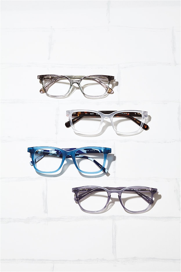 SMOKE AND SHINE 
ZYL STYLE goes beyond basic grays for on-trend looks with a touch of mysterious, smoky translucents and a bit of sparkle spicing up classic shapes for some serious pop. From top: 
» Bon Vivant style Angelina/7469 from Ogi Eyewear adds sparkle to the scene, with glitter embedded on a translucent acetate that makes a classic profile pop.
» Kenneth Cole Reaction style KC0794 from Marcolin reveals that crystal isn’t always clear—this frosty crystal frame front is balanced by dark tort temples in a rectangle shape.
» Converse style Q307 from De Rigo REM marries a standout smoky-blue translucent acetate with camouflage temples in an eternally hot shape.
» Sperry style Acadia from L’Amy America channels the intellectual elite with a smoky keyhole silhouette.