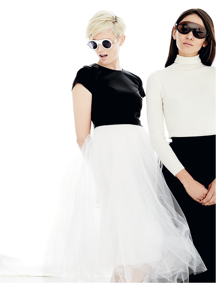 MOD MUSE On Louise: CALVIN KLEIN 205W39NYC style CKNYC1875SR from Marchon is a runway piece with mod appeal, pairing zyl and titanium. On Chiyo: Emilio Pucci style EP0075 from Marcolin is a bold sunglass with a single nylon lens resting on a sinuous acetate structure.