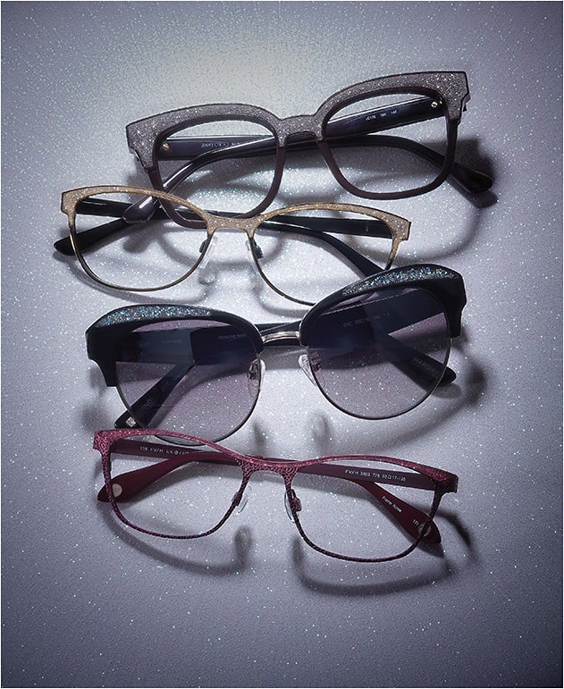 Glitter Force (from top):
Jimmy Choo JC176 from Safilo is a retro acetate frame encrusted with glitter.
Valerie Spencer VS9353 from New York Eye is topped with hints of glam on the eye wire and temples.
Marciano GM0777 sunglass from Marcolin features crystal detailing on a cat-eye silhouette.
FYSH UK F-3593 from WestGroupe couples an embossed pattern on metal with a glittering brow line.