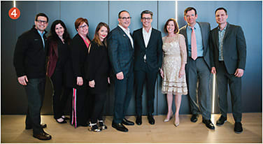 4 120 VIPs across the industry (including the EB team) attended the intimate Casa Luxottica housewarming reception coinciding with Vision Expo East. Here, Luxottica + Essilor attendees gather in the new space. From left: Steve Nussbaumer, Jane Lehman, Holly Gillentine, Chiara Bernardi, Rick Gadd, Fabrizio Uguzzoni, Maureen Cavanagh, Matthieu Tagnon, and Ryan Parker, O.D.