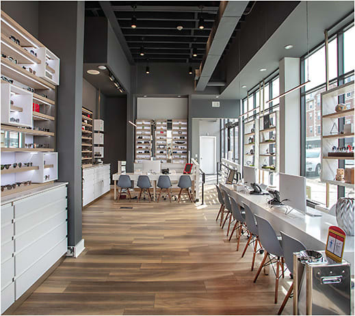 Natural light fills the optical space (designed by One Interior) at NJ Eye and Ear in Englewood, NJ.